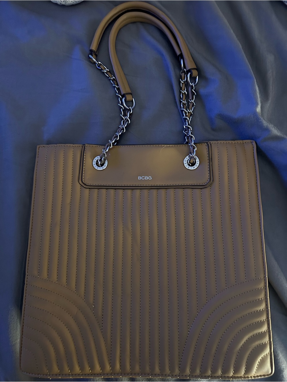 BCBG Quilted Tan Chain-Handle Tote-vegan leather